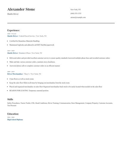 Shuttle Driver Resume