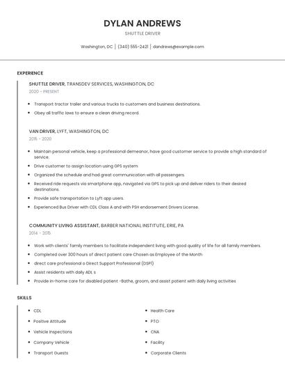 Shuttle Driver Resume