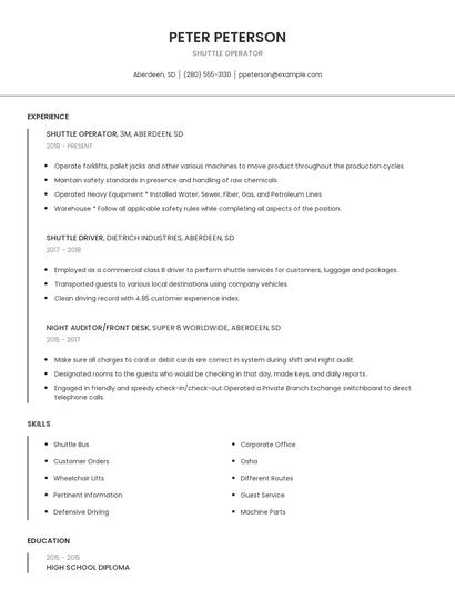 Shuttle Operator Resume