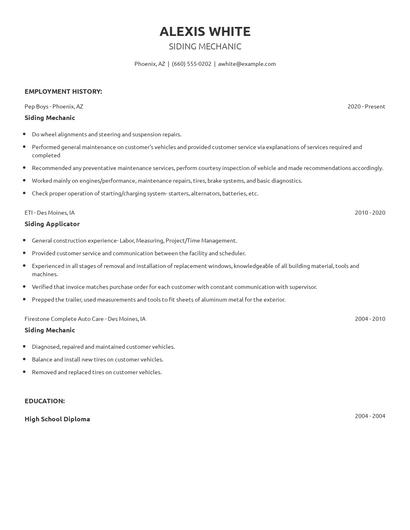 Siding Mechanic Resume