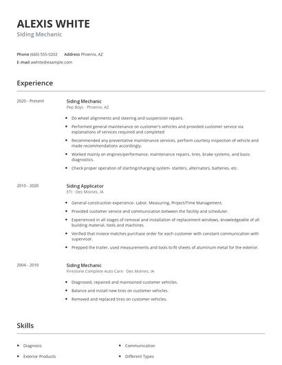 Siding Mechanic Resume