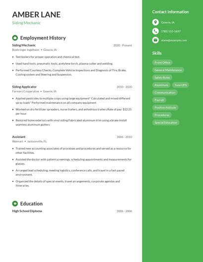 Siding Mechanic Resume