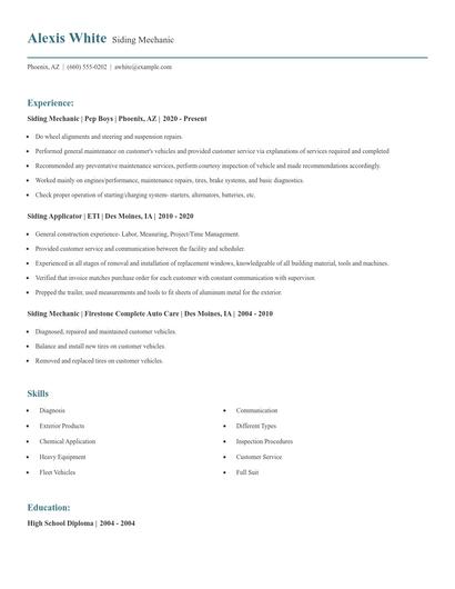 Siding Mechanic Resume