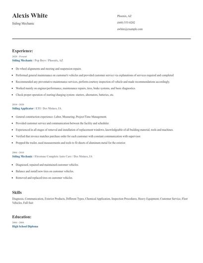 Siding Mechanic Resume