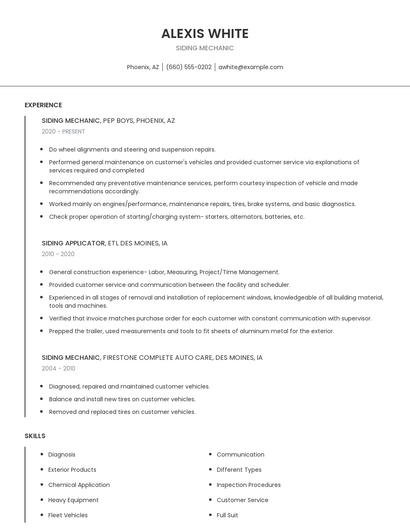 Siding Mechanic Resume