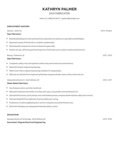 Sign Fabricator Resume