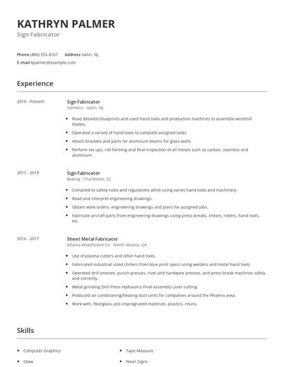 Sign Fabricator Resume