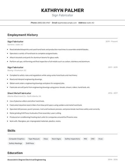 Sign Fabricator Resume