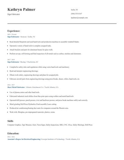 Sign Fabricator Resume
