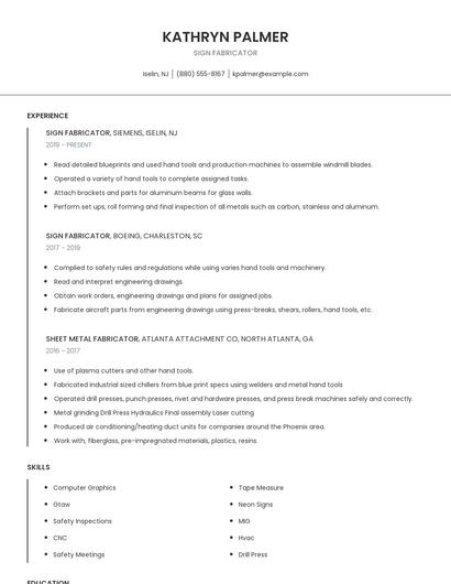 Sign Fabricator Resume