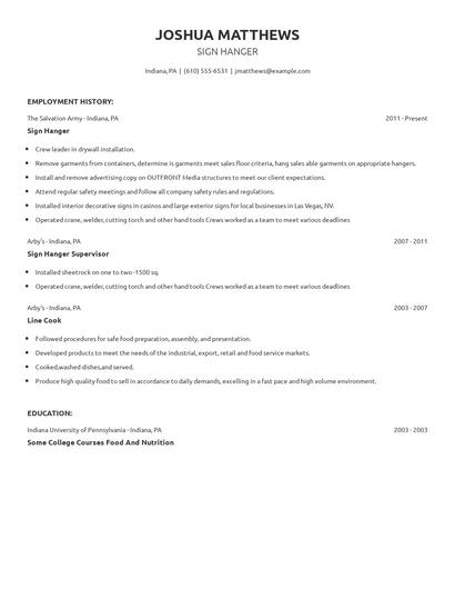 Sign Hanger Resume