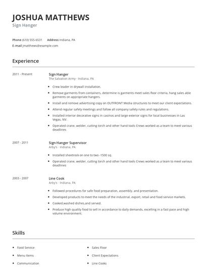 Sign Hanger Resume