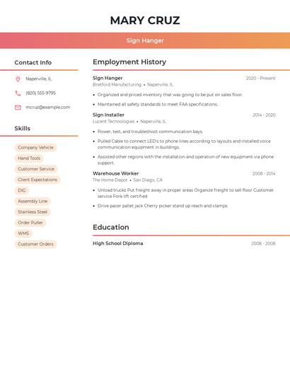 Sign Hanger Resume