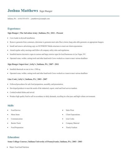 Sign Hanger Resume
