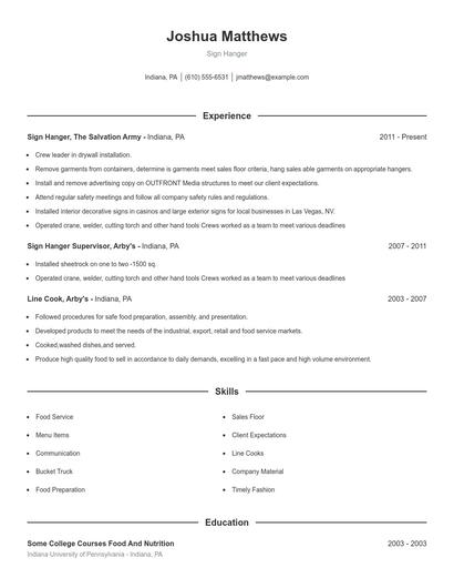 Sign Hanger Resume