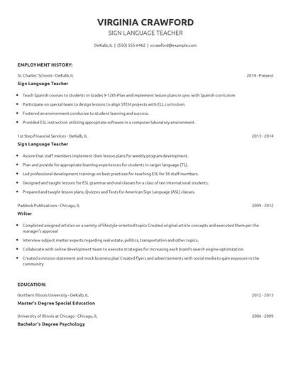 Sign Language Teacher Resume