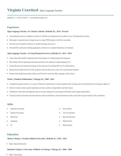 Sign Language Teacher Resume