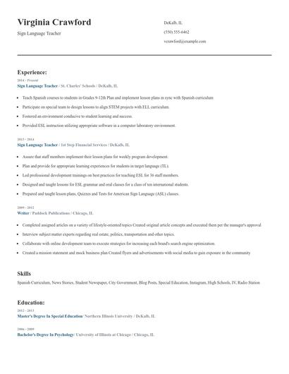 Sign Language Teacher Resume