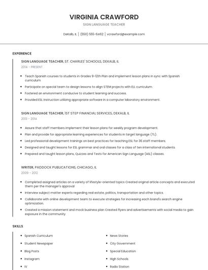 Sign Language Teacher Resume