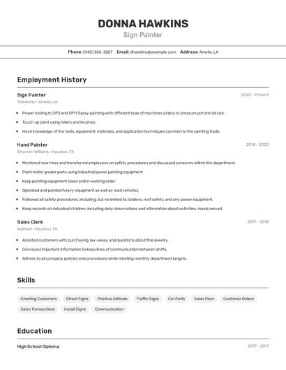 Sign Painter Resume