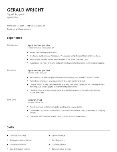 Signal Support Specialist Resume