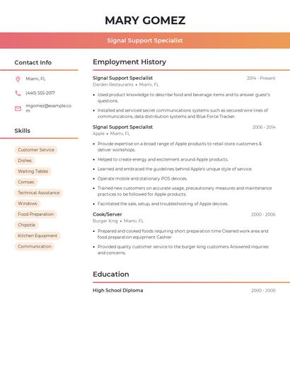 Signal Support Specialist Resume