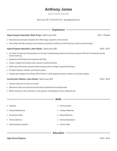 Signal Support Specialist Resume