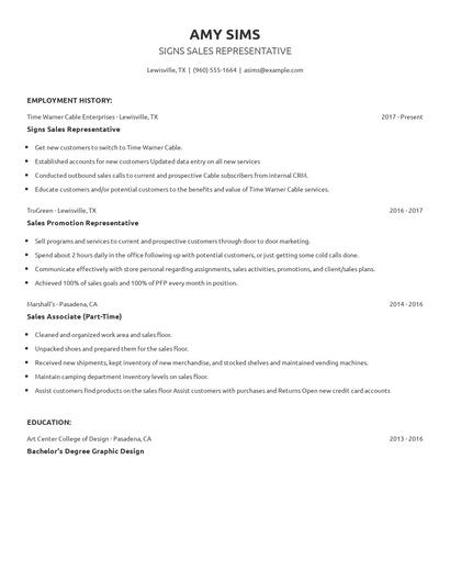 Signs Sales Representative Resume