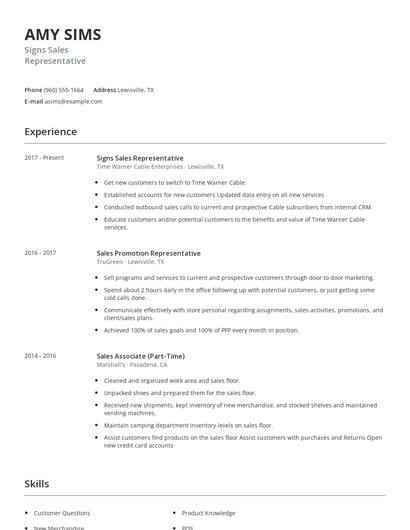 Signs Sales Representative Resume