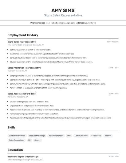 Signs Sales Representative Resume