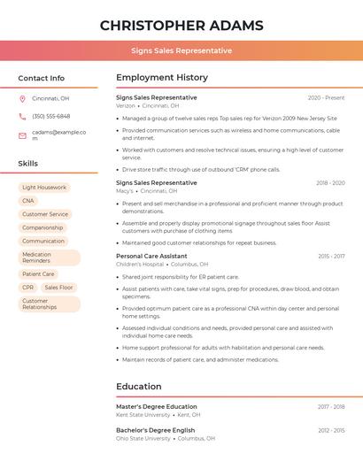 Signs Sales Representative Resume