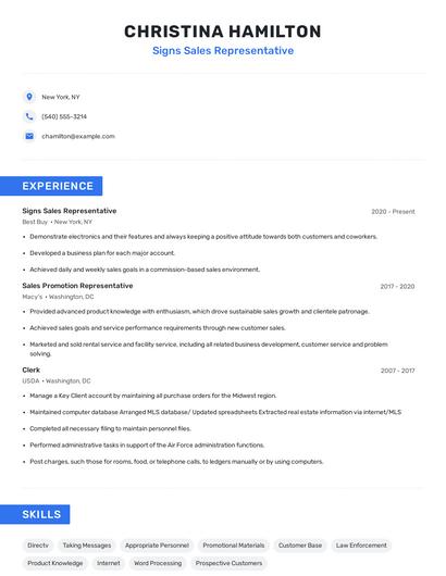 Signs Sales Representative Resume
