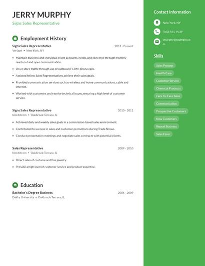 Signs Sales Representative Resume