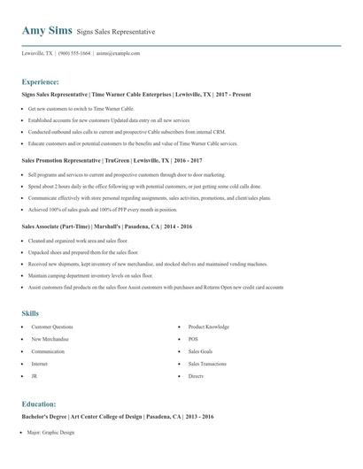 Signs Sales Representative Resume