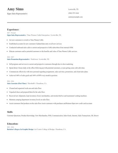 Signs Sales Representative Resume