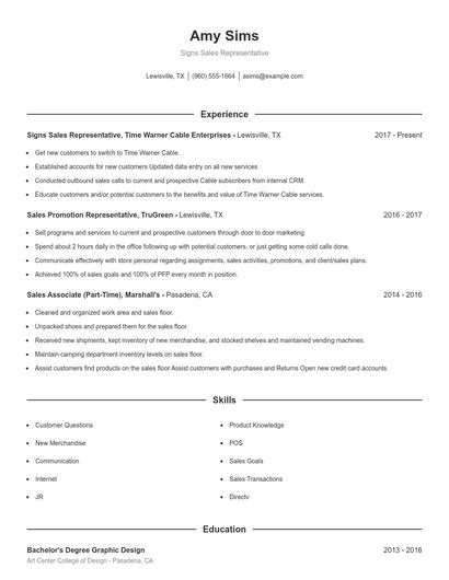 Signs Sales Representative Resume