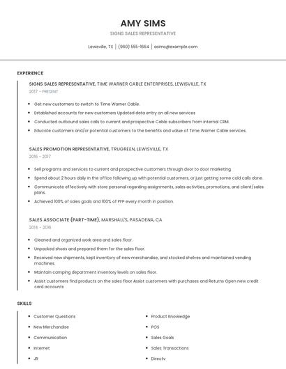 Signs Sales Representative Resume