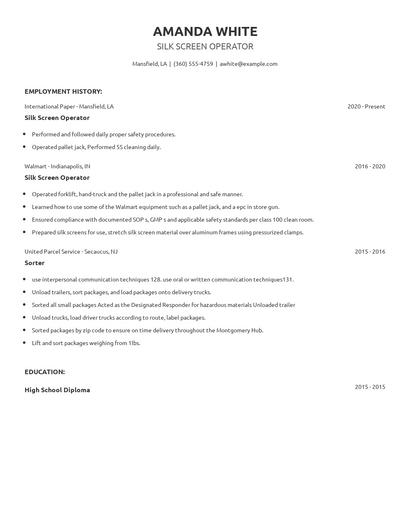 Silk Screen Operator Resume