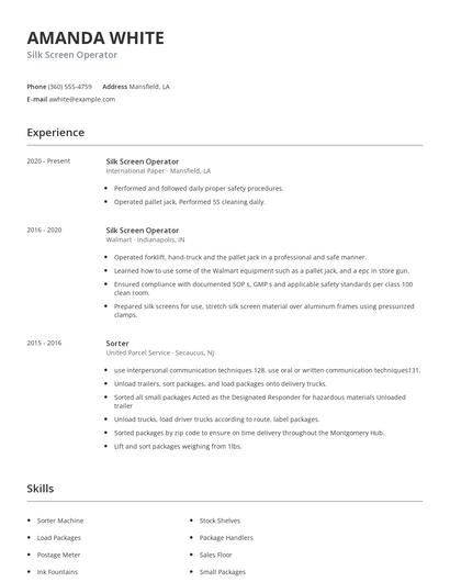 Silk Screen Operator Resume