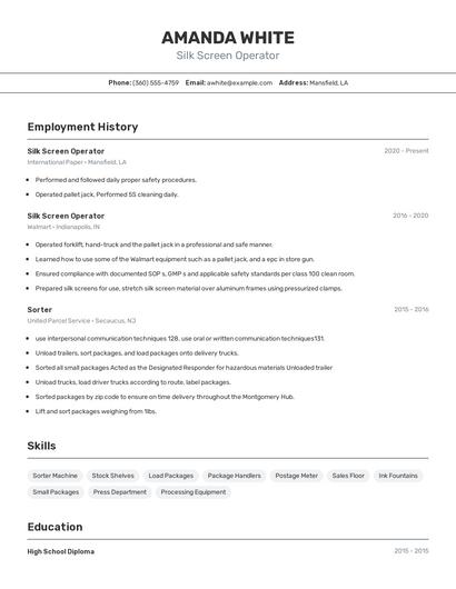 Silk Screen Operator Resume
