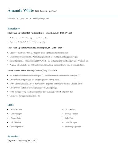 Silk Screen Operator Resume