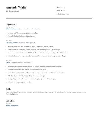 Silk Screen Operator Resume