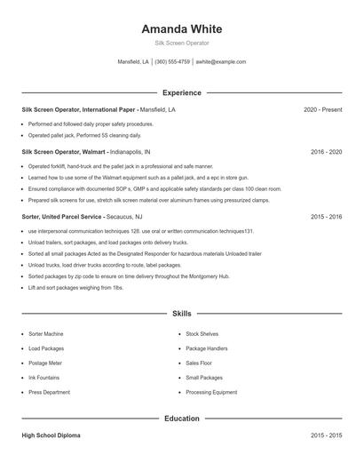 Silk Screen Operator Resume