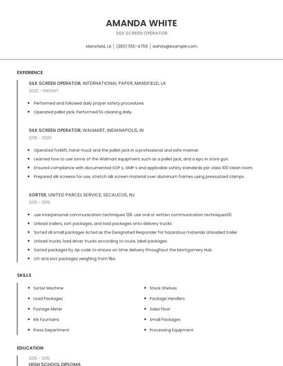Silk Screen Operator Resume