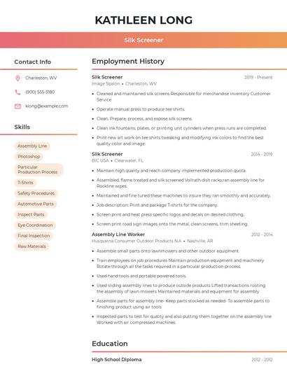 Silk Screener Resume