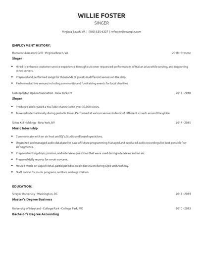 Singer Resume