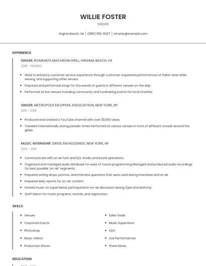 Singer Resume