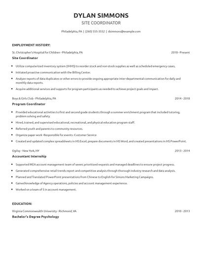 Site Coordinator Resume