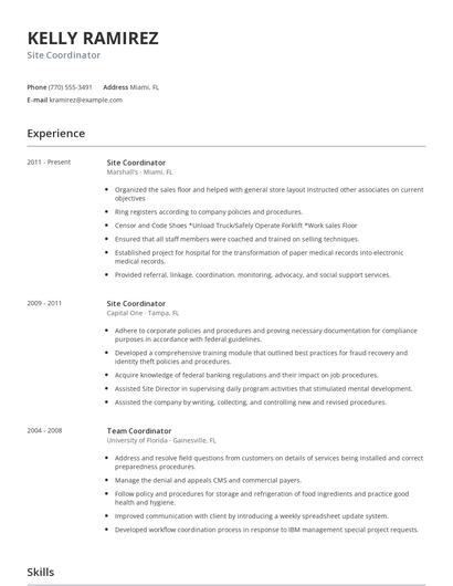 Site Coordinator Resume