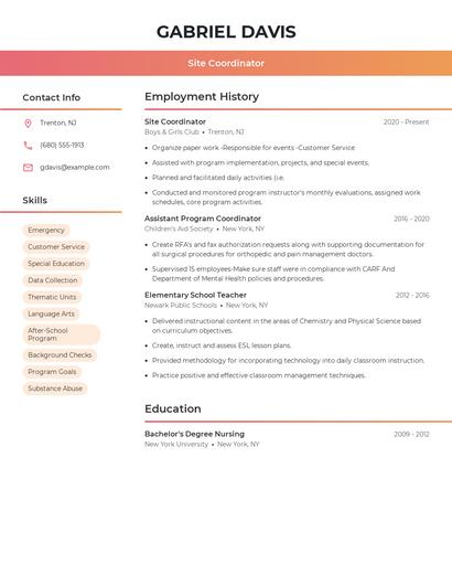 Site Coordinator Resume